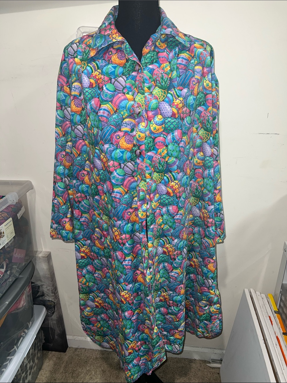 Vintage Long Sleeve Multicolor Easter Egg Button-Front Dress